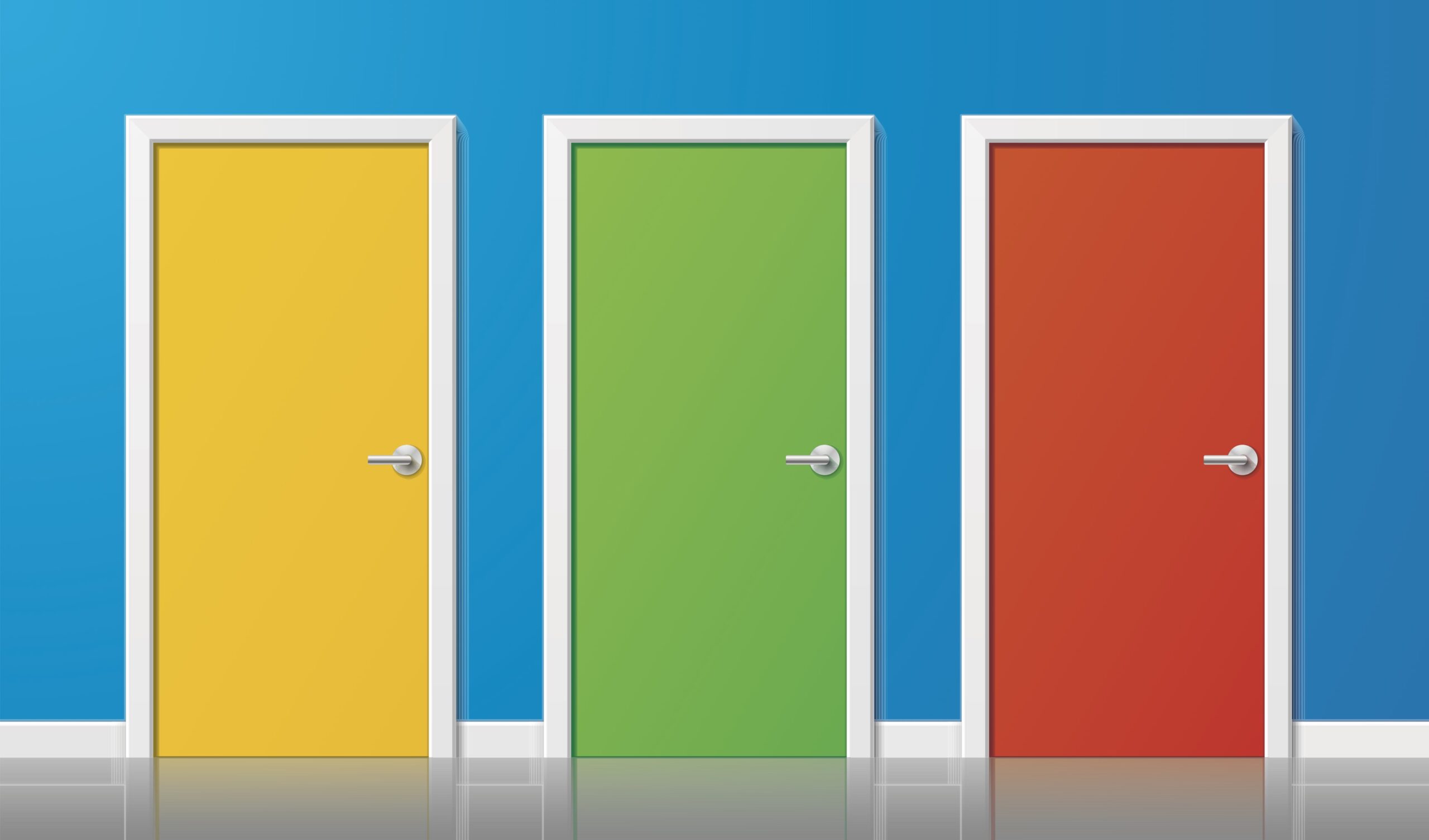 Three colored doors representing three decision options