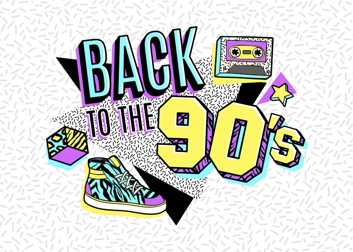 "Back to the 90s" with symbols like a computer, sneaker and toys