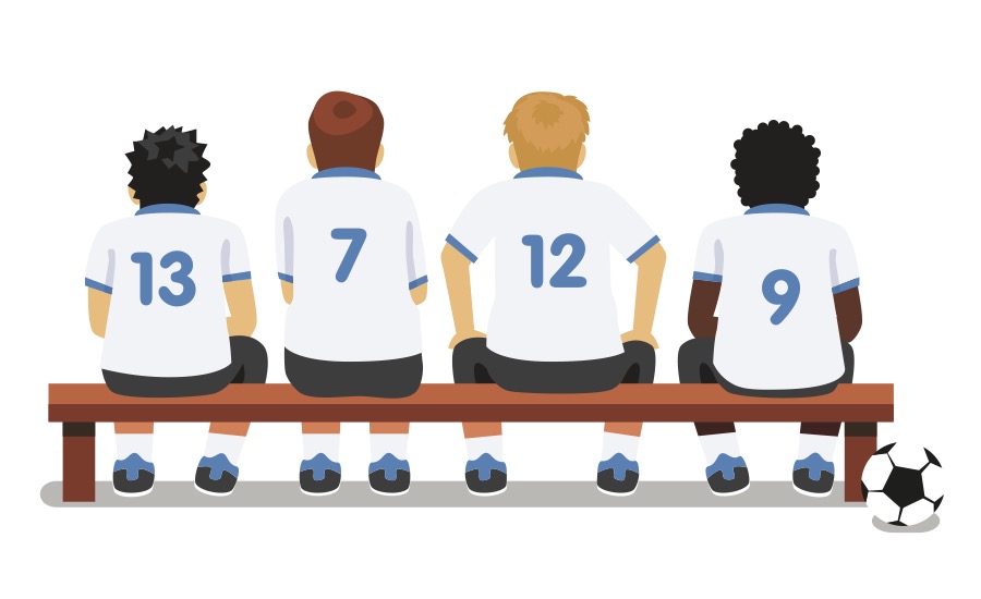 Players sit on a bench. View from the back of their numbers